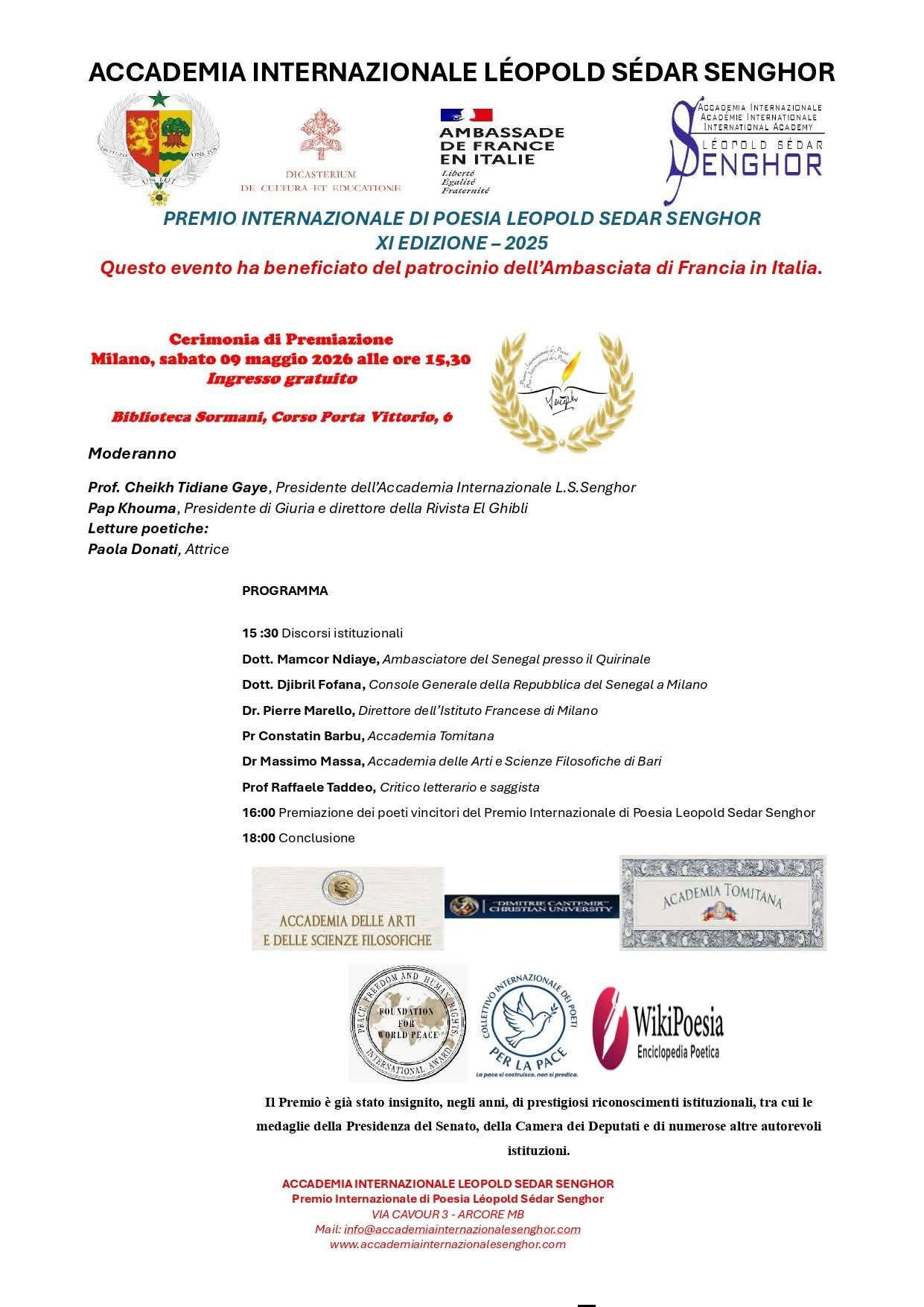 Programme de la cérémonie du Prix international de poésie Léopold Sédar Senghor, à Milan le 9 mai 2026.