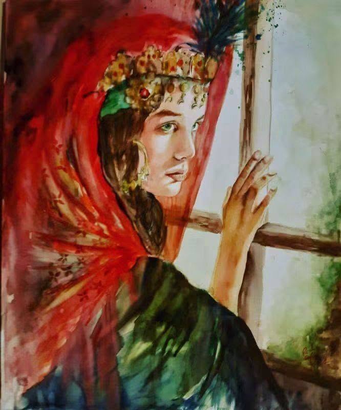 Peinture d’une femme voilée de rouge, parée de bijoux, près d’une fenêtre.