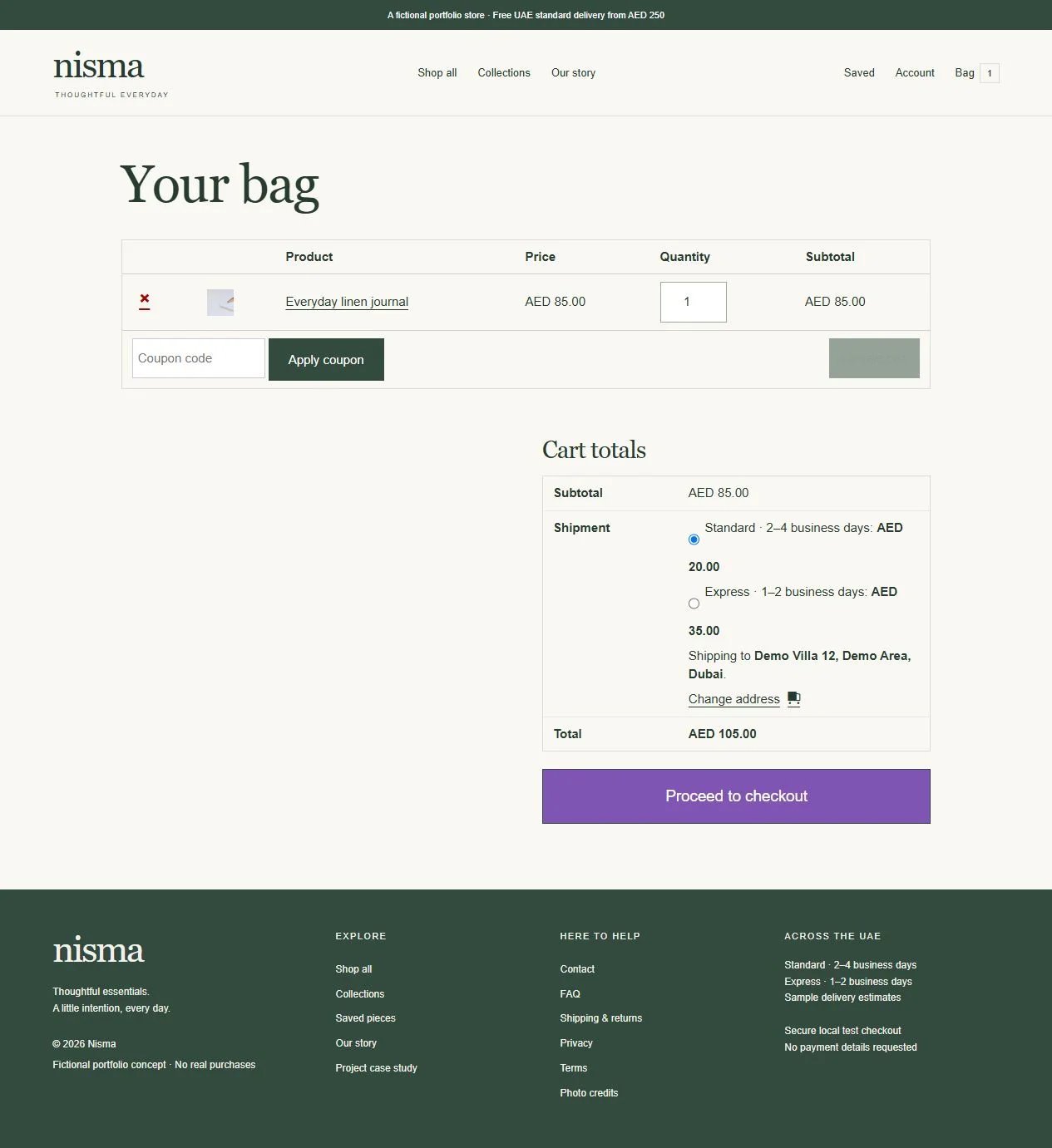 Bag: quantities, shipping choices and server-calculated totals.
