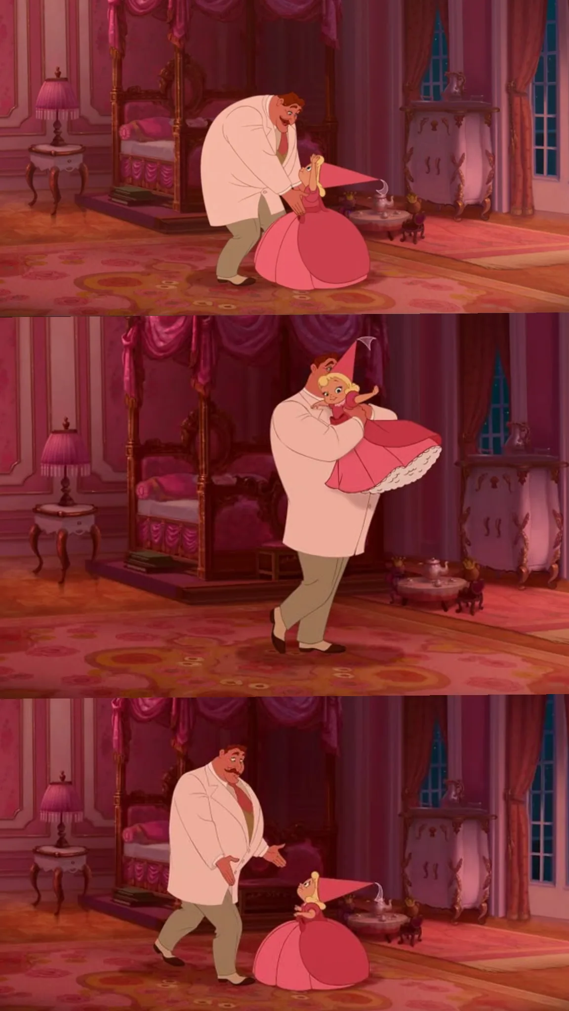 Three animated scenes of a father in a white suit playing with his young daughter in a pink dress
