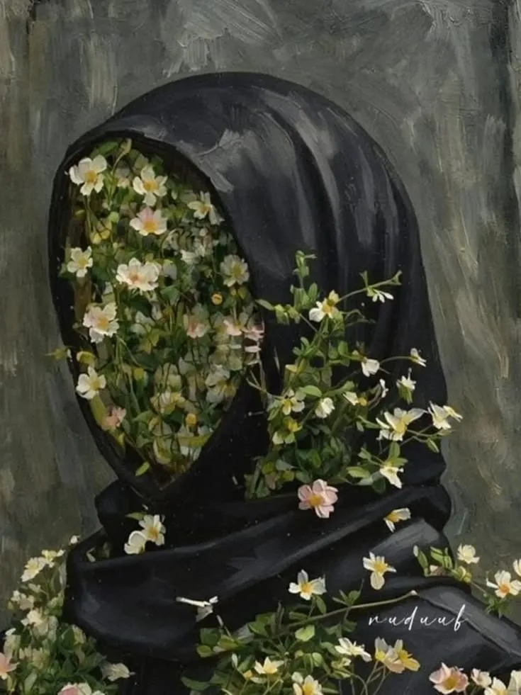 Painting of a figure in a black head covering, with flowers and green leaves in place of a face