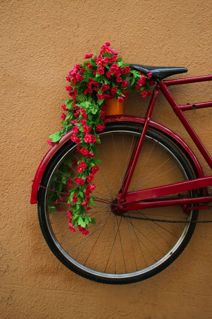 A red bicycle against an ochre wall, with red flowers trailing over its rear wheel