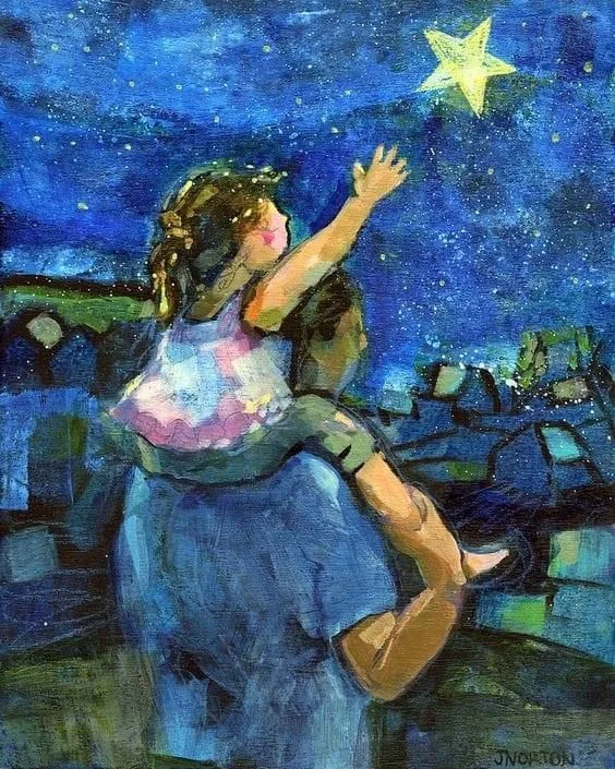 Painting of a father carrying his daughter on his shoulders as she reaches towards a yellow star